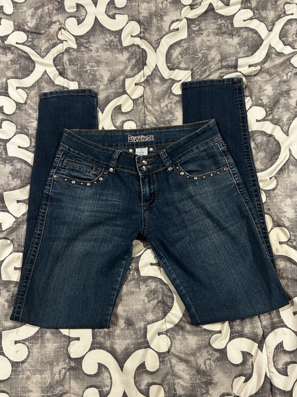 Y2K Dark Indigo Skinny Jeans with Studded Pocket Trim